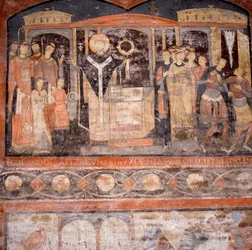 Detail eines Freskos aus dem 6. Jahrhundert zeigt St. Clemens, der die Messe feiert